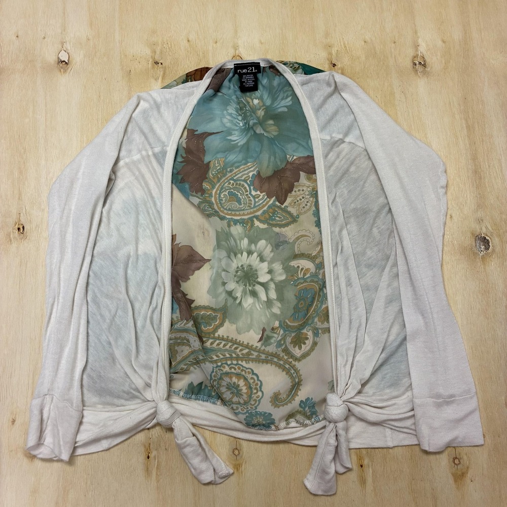 Vintage Rue21 Kimono Blouse Womens Small White Floral Paisley Tie Front Top